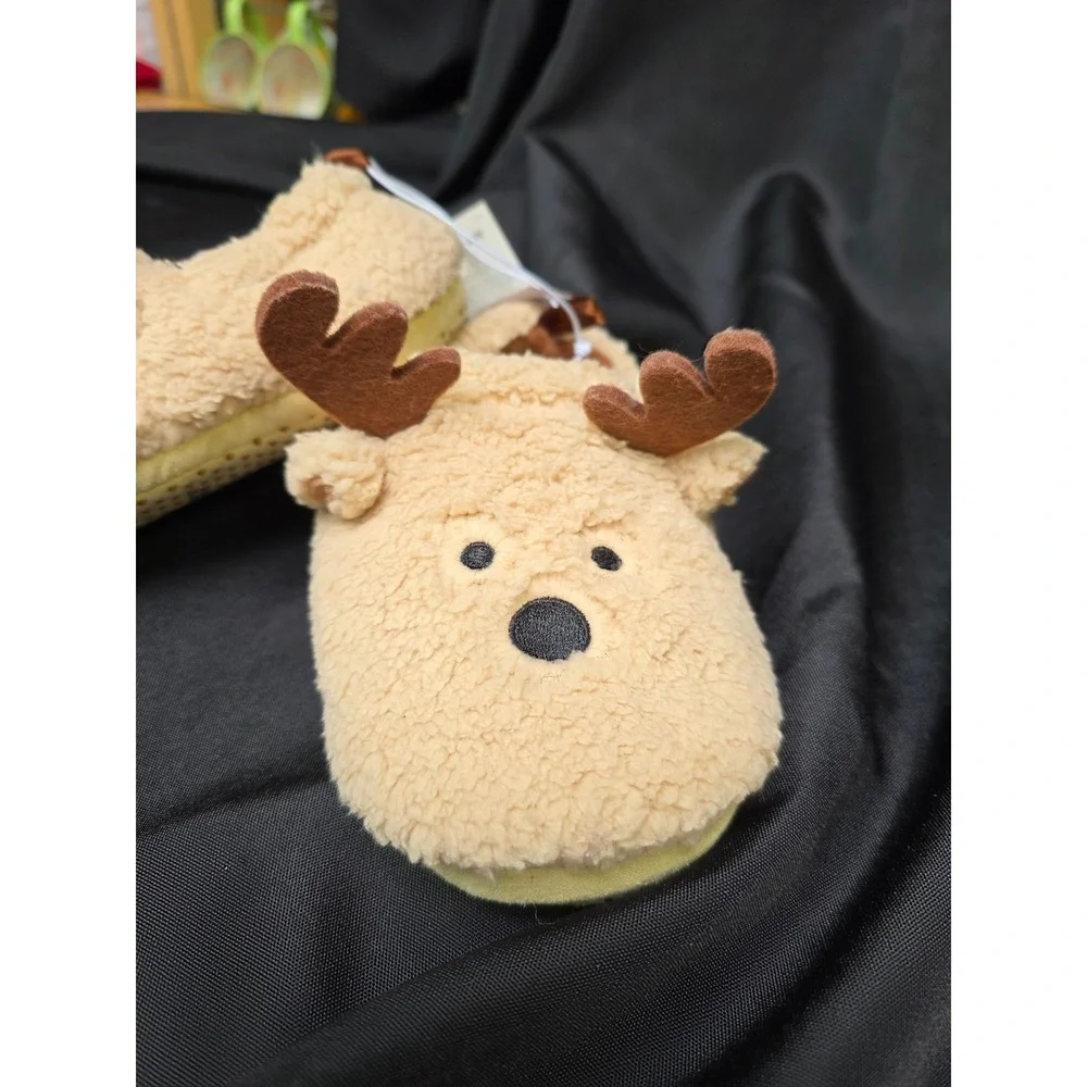 Old Navy Toddler Reindeer Sherpa Slippers Tan Brown Holiday Christmas Size L 11